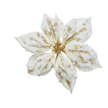 Decoratiune Poinsettia velvet, Decoris, 24x5 cm, poliester, alb/auriu