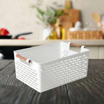 Cutie depozitare plastic tip cos cu manere lemn, 36,5x24x16 cm, alb, Happymax