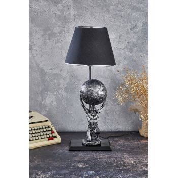 Lampa de masa, FullHouse, 390FLH1945, Baza din lemn, Argintiu / Negru