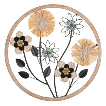 Decoratiune de perete Flowery, Mauro Ferretti, Ø50 cm, fier/MDF/rafie, maro/negru