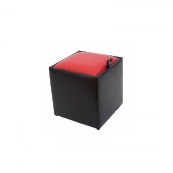 Taburet BOX, cu spatiu depozitare, imitatie piele, negru + rosu, 37x37x41 cm