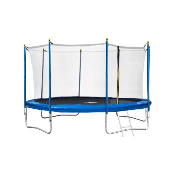 Trambulina pentru copii Mirpol, cu plasa exterioara si scara, capacitate 150 kg, h-180 m, albastru-negru