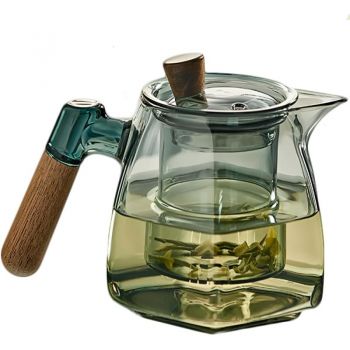 Ceainic, Quasar & Co.®, recipient pentru ceai/cafea cu infuzor, capac si maner, 600 ml, sticla borosilicata/lemn nuc, gri grafit