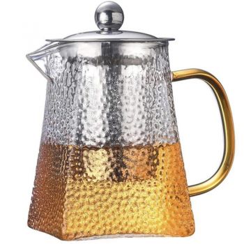 Ceainic, Quasar & Co.®, recipient pentru ceai/cafea cu infuzor si capac, 900 ml, sticla borosilicata/otel inoxidabil, transparent