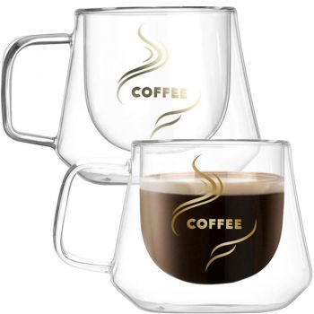 Set 2 cesti cafea 200 ml, din sticla cu pereti dubli, Quasar & Co.®, termorezistenta, model rotund, mesaj COFFEE