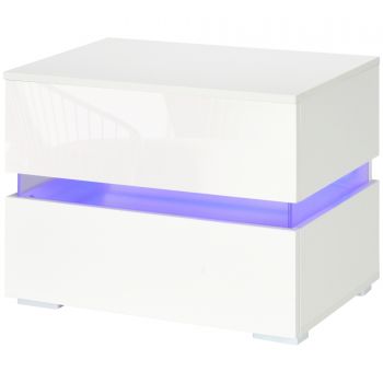 HOMCOM LED Noptiera cu 2 Sertare cu Luciu, Noptiera cu LED-uri RGB cu 16 Culori, 4 Moduri si Luminozitate Reglabila, Telecomanda, Alb | Aosom RO