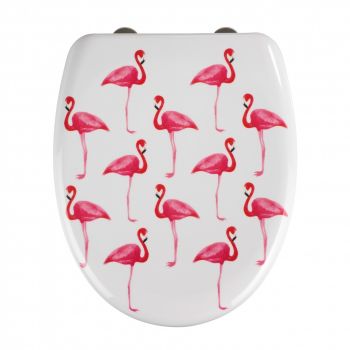 Capac de toaleta cu sistem automat de coborare Flamingo, Wenko, 45 x 38 cm, duroplast, alb/roz