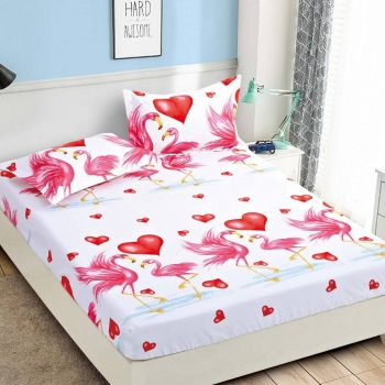 Husa de pat cu elastic din Bumbac Finet + 2 Fete de Perna, Flamingo Love