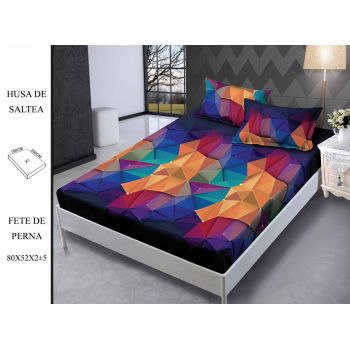 Husa de pat cu elastic 180x200 din Bumbac Finet + 2 Fete de Perna - Geometric Multicolor