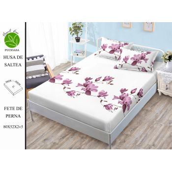 Husa de pat cu elastic 180x200 din Bumbac Finet + 2 Fete de Perna - Magnolii Mov