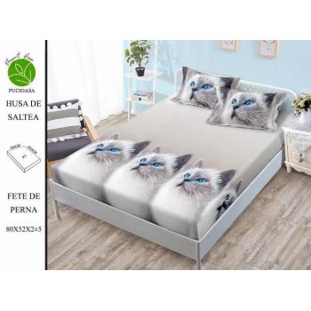 Husa de pat cu elastic 180x200 din Bumbac Finet + 2 Fete de Perna - Pisici