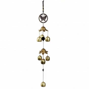 Clopotel de vant cu floare de campanula si 7 clopotei aurii pentru casa sau gradina, model cu fluture