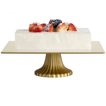 Platou elegant din sticla Pufo Gold cu picior pentru servire torturi, aperitive, prajituri, deserturi, 26 x 22 cm