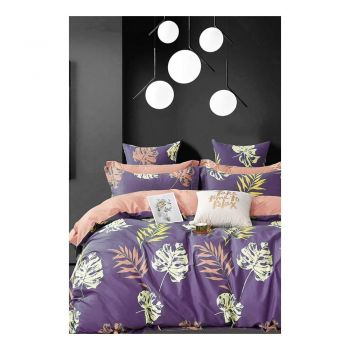 Lenjerie de pat mov din bumbac pentru pat dublu/extinsă cu cearceaf inclus/cu 4 piese 200x220 cm Leaves – Mila Home