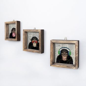 Tablou MDF cu rame Cele trei maimuțe, Multicolor, 15x15 cm, 3 bucăți