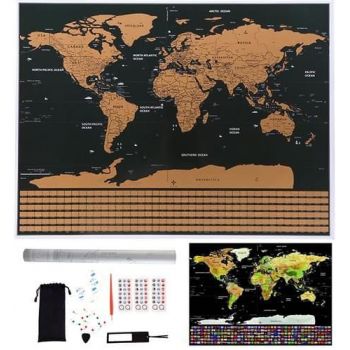 Harta Mondiala Razuibila, 82x59cm, Negru/Auriu, Set Complet cu Tub si Accesorii de Personalizare, 0.3kg