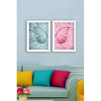Set 2 tablouri decorative Butterfly blue/pink, Tablo center, 34x44 cm, MDF, multicolor