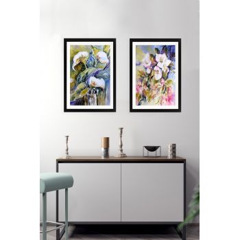 Set 2 tablouri decorative Flower with frame black, Tablo center, 34x44 cm, MDF, multicolor