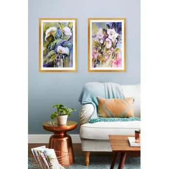 Set 2 tablouri decorative Flower with frame gold, Tablo center, 34x44 cm, MDF, multicolor