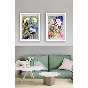 Set 2 tablouri decorative Flower with frame white, Tablo center, 34x44 cm, MDF, multicolor