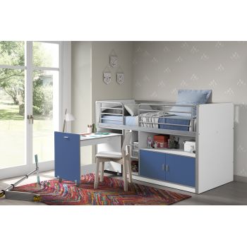 Pat etajat din pal si metal cu birou incorporat si 2 usi, pentru copii Bonny Alb / Albastru, 200 x 90 cm