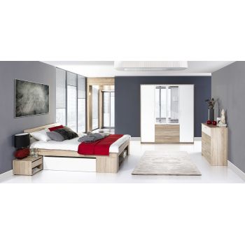 Set Mobila Dormitor din pal, cu pat 200 x 160 cm, 3 piese Milo Alb / Stejar Sonoma
