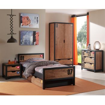 Set Mobila dormitor din lemn de pin si MDF, pentru copii 5 piese Alex Natural / Negru, 200 x 90 cm