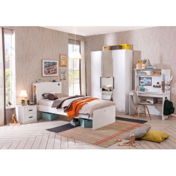 Set Mobila dormitor din pal pentru tineret 5 piese White Small, 200 x 100 cm