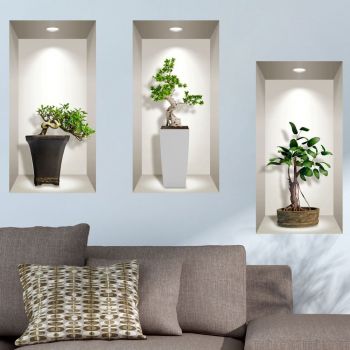 Set 3 autocolante 3D pentru perete Ambiance Bonsai Plants ieftin