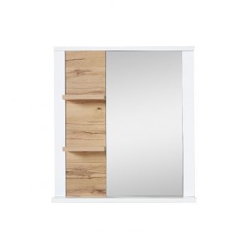 Oglinda decorativa cu 2 etajere din pal si MDF, Selina Alb / Natur, l73xA15xH80 cm