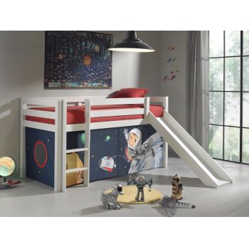 Pat etajat din lemn de pin, cu tobogan pentru copii Pino Space Alb, 200 x 90 cm