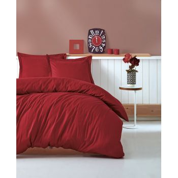 Lenjerie de pat din bumbac Satinat Premium Stripe Rosu Inchis, 200 x 220 cm