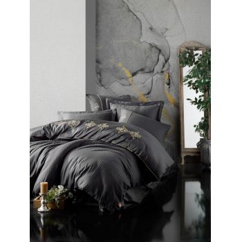 Lenjerie de pat din bumbac Satinat King Antracit / Galben, 200 x 220 cm