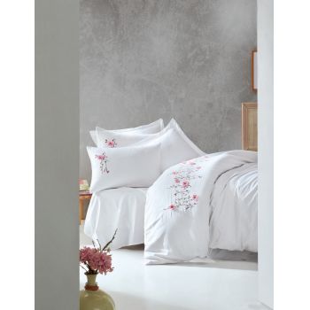 Lenjerie de pat din bumbac Satinat Premium Perla Alb / Roz, 200 x 220 cm