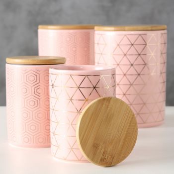 Set 2 recipiente din ceramica, pentru depozitare Cray Roz, Modele Asortate, Ø14xH19 cm / Ø10xH14 cm
