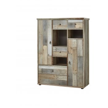 Cabinet din pal, cu 3 sertare si 3 usi Bazna Medium Natur / Gri inchis, l99xA39xH133 cm