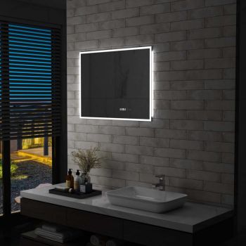 vidaXL Oglindă cu LED de baie cu senzor tactil și afișaj oră, 80x60 cm