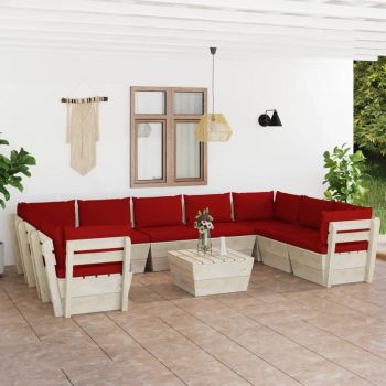 vidaXL Set mobilier grădină din paleți, 10 piese, cu perne, lemn de molid