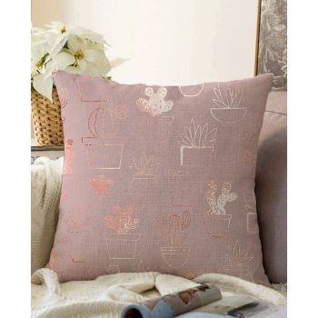 Față de pernă din amestec de bumbac Minimalist Cushion Covers Succulent, 55 x 55 cm, roz