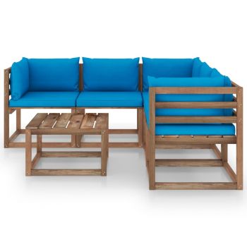 vidaXL Set mobilier de grădină cu perne bleu, 6 piese, lemn pin tratat