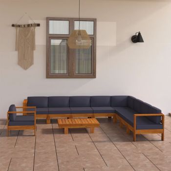 vidaXL Set mobilier grădină perne gri închis, 10 piese, lemn acacia