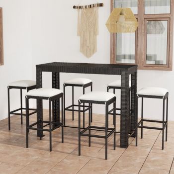 vidaXL Set mobilier bar de grădină cu perne, 7 piese, negru, poliratan