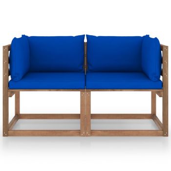 vidaXL Canapea din paleți de grădină 2 locuri perne albastre, lemn pin