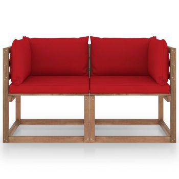 vidaXL Canapea din paleți de grădină, 2 locuri, perne roșii, lemn pin