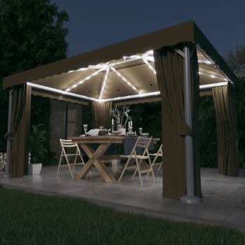 vidaXL Pavilion cu perdea & șir de lumini LED, gri taupe, 4x3 m