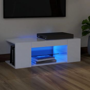 vidaXL Comodă TV cu lumini LED, alb extralucios, 90x39x30 cm