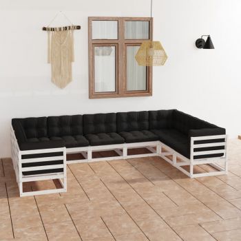vidaXL Set mobilier grădină cu perne, 9 piese, lemn masiv de pin alb