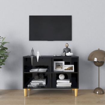 vidaXL Comodă TV, picioare lemn masiv, negru extralucios 69,5x30x50 cm