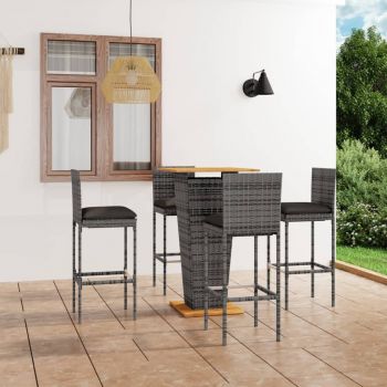 vidaXL Set mobilier bar de grădină cu perne, 5 piese, gri, poliratan
