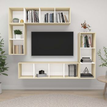 vidaXL Set de dulapuri TV, 4 piese, alb/stejar sonoma, lemn prelucrat